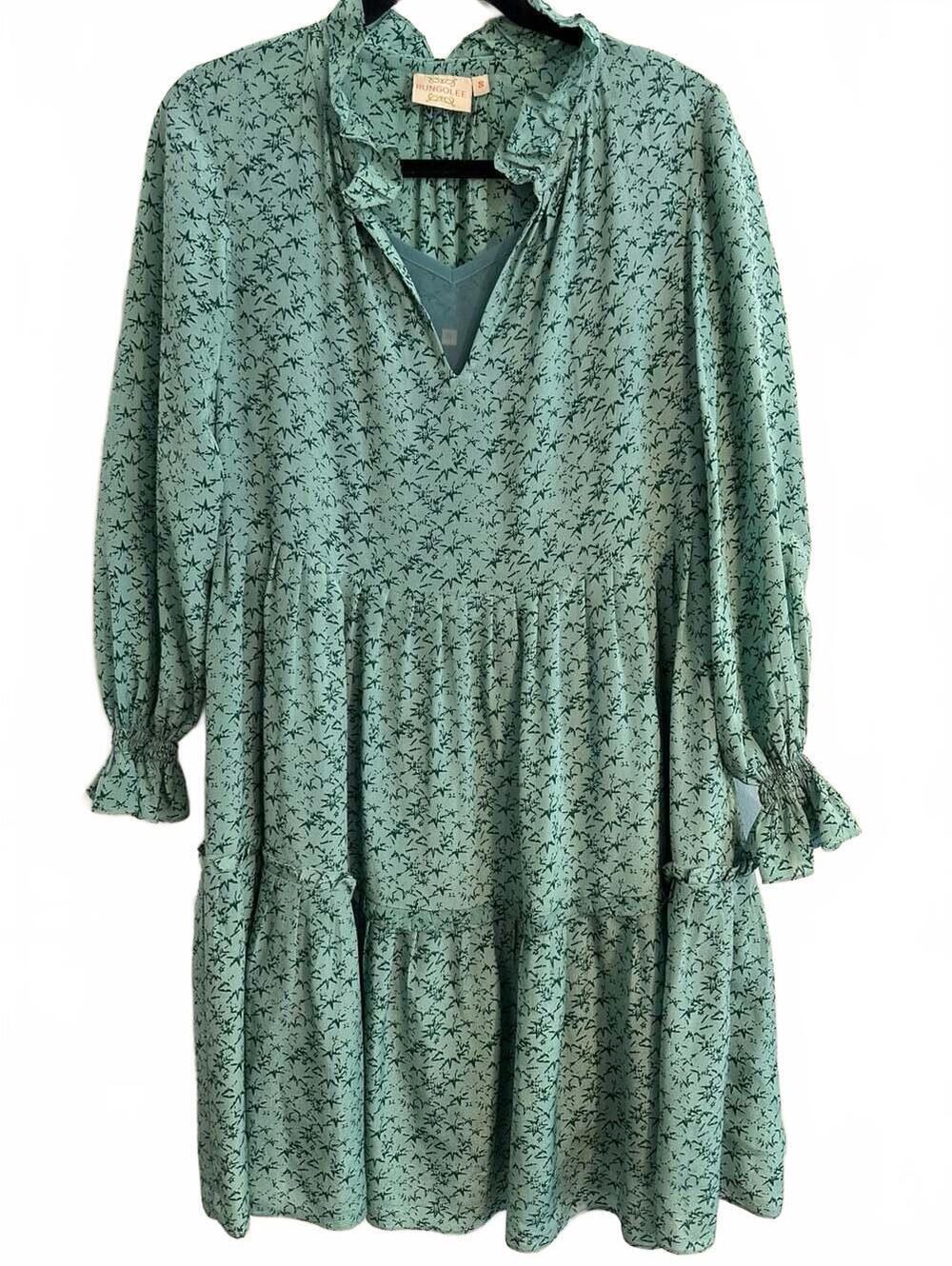 Rungolee Sage Green Floral Print Dress with Ruffle Sleeves - Size Small